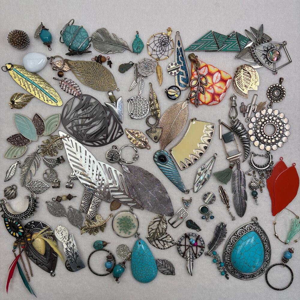 Southwest Inspired Craft Jewelry Lot - 90 Pendants Charms Feathers Leaves Trees
